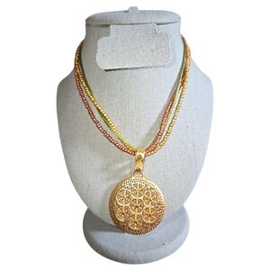 Premier Designs Green Rhinestone Gold Tone Pendant On Satin & Beaded Necklace